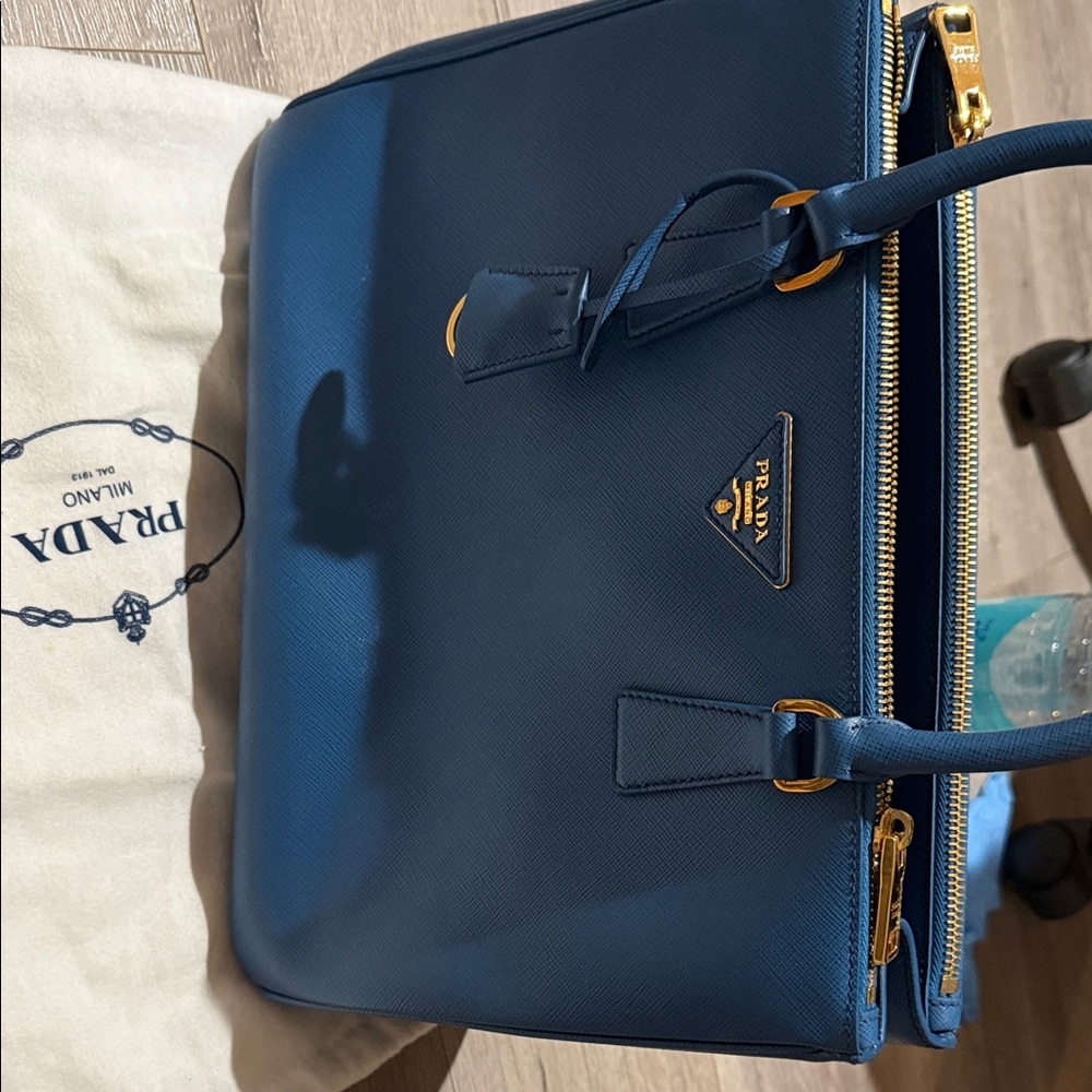 Prada Blue Leather Tote with Gold Accents